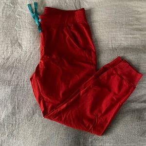 Limited edition awesome red FIGS zamora joggers with teal drawstring